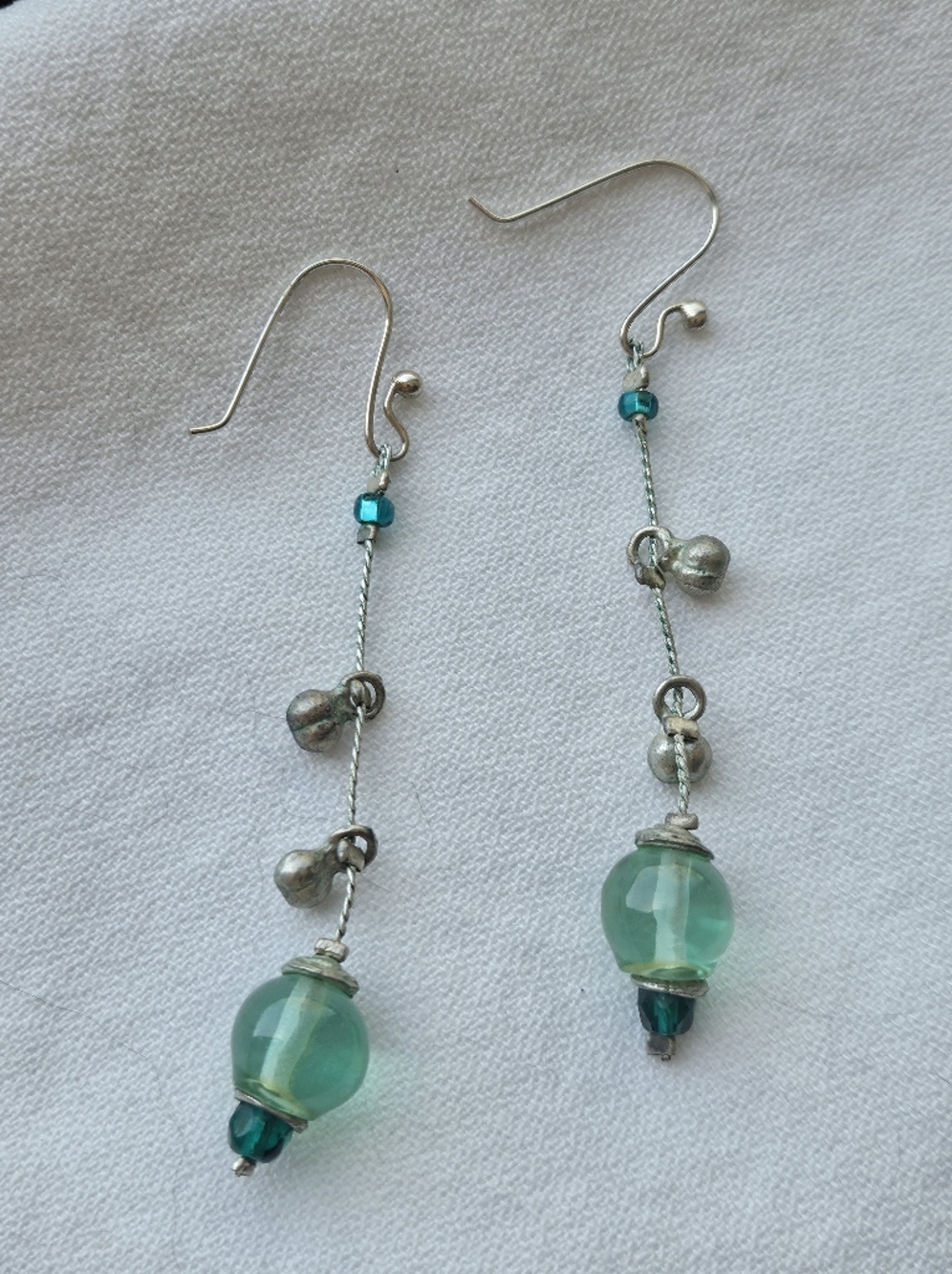 Silver and Teal Glass Bead Drop Earrings